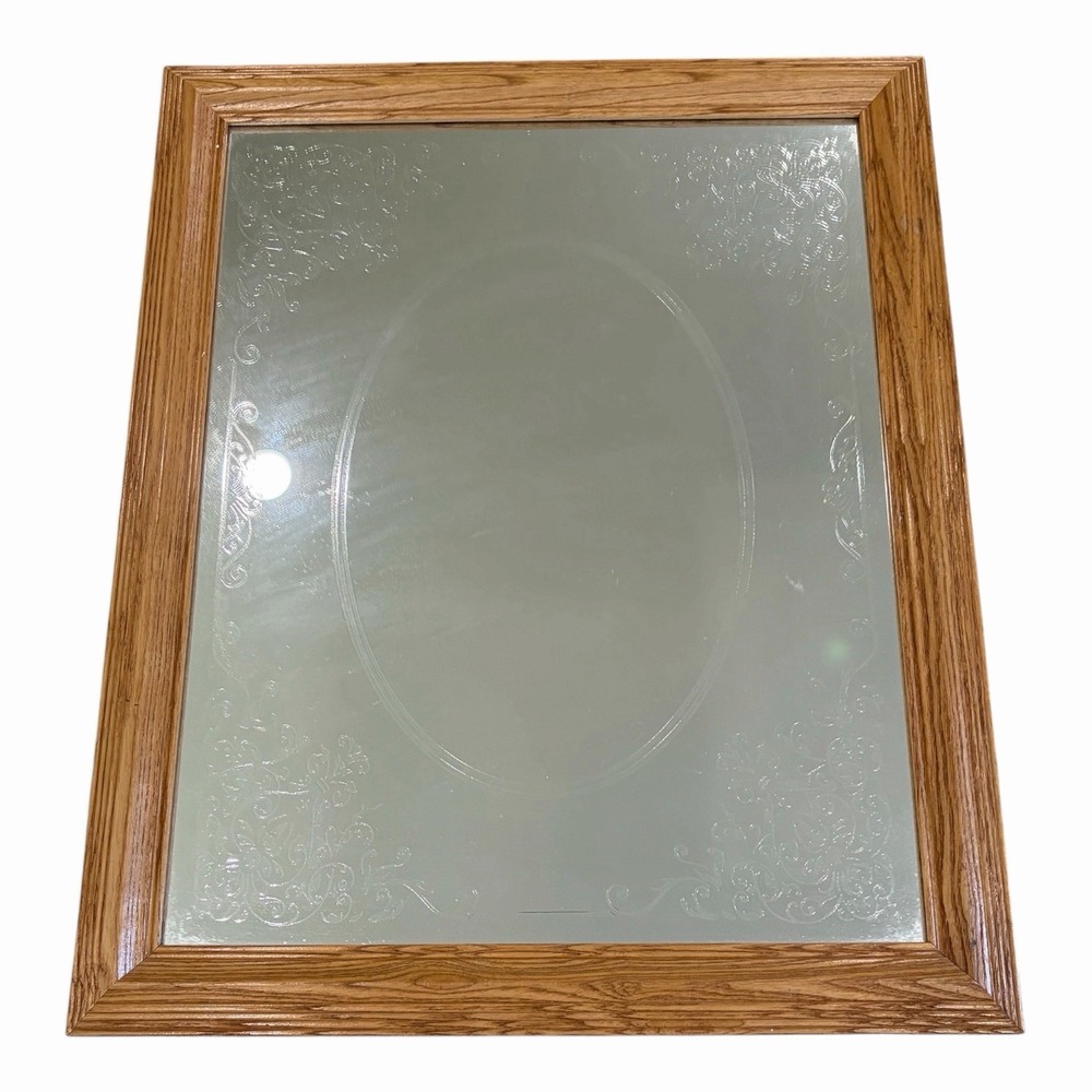 Vintage Etched Mirror Oak Frame Rectangle art wall Cottage granny core 23" X 19"